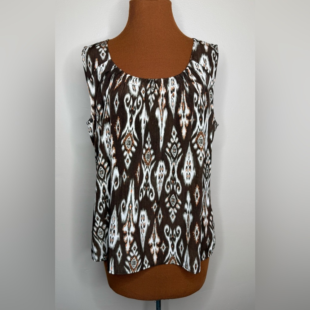 Chico's Sleeveless Ikat Pullover Blouse Brown White Size Large